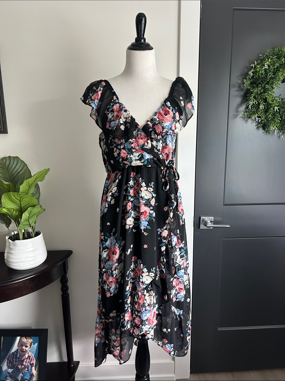 L fits like M Floral Black stretchy hi low Dress with Pink and Blue Accents